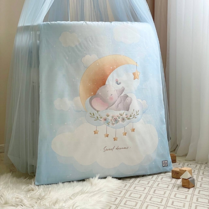 Paturica bebe din satin si velur cu pilota Elefant albastru (3)
